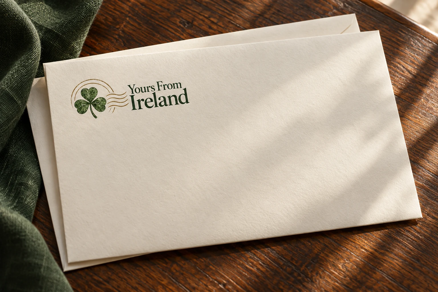 Envelope design mockup with the green shamrock and gold postmark logo on cream paper.