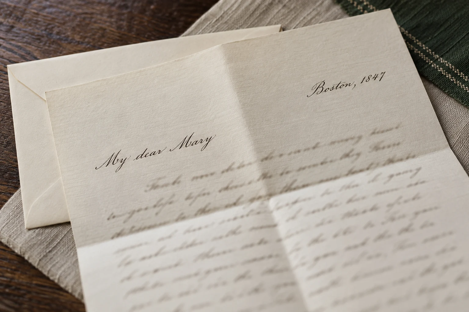 Illustrative mockup of a reply headed Boston, 1847, on folded cream paper beside an envelope.
