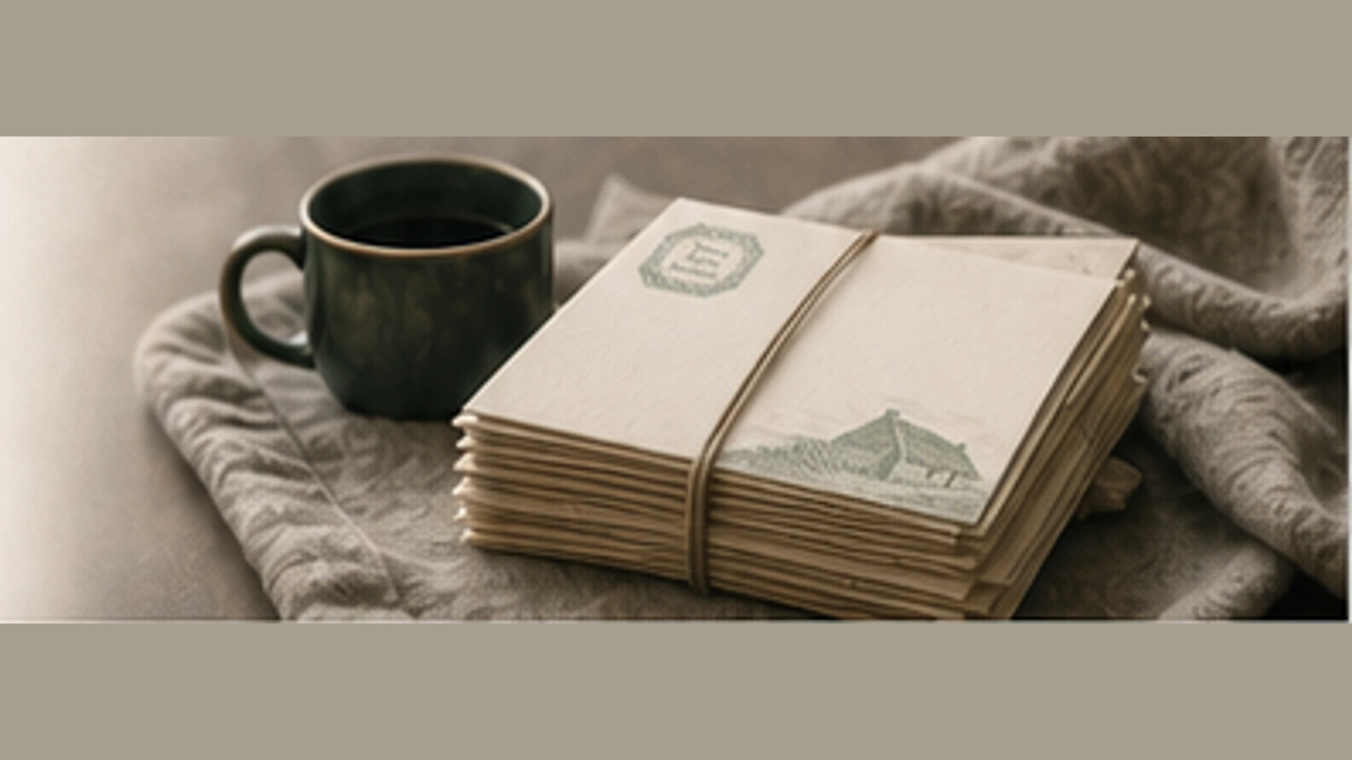 A Yours, From Ireland letter bundle beside a green cup