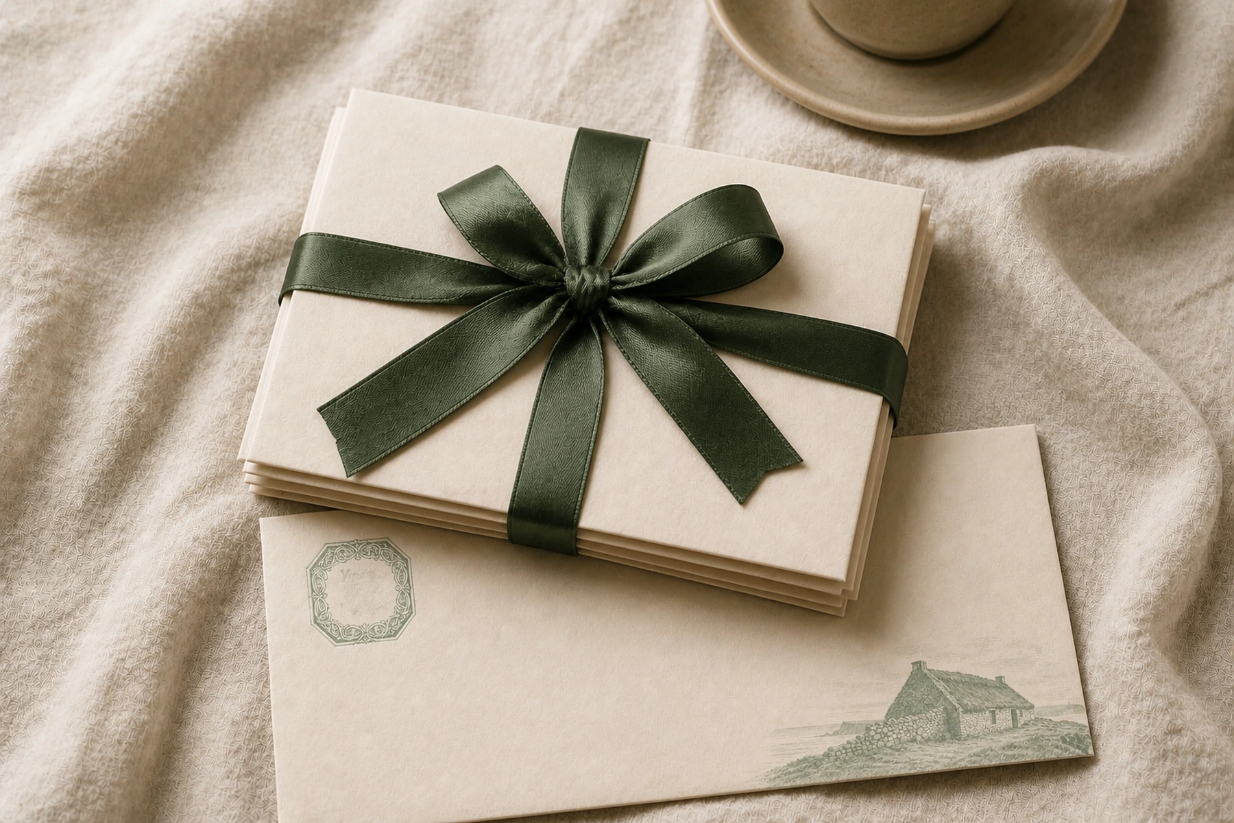 A complete correspondence bundle tied with a dark green ribbon