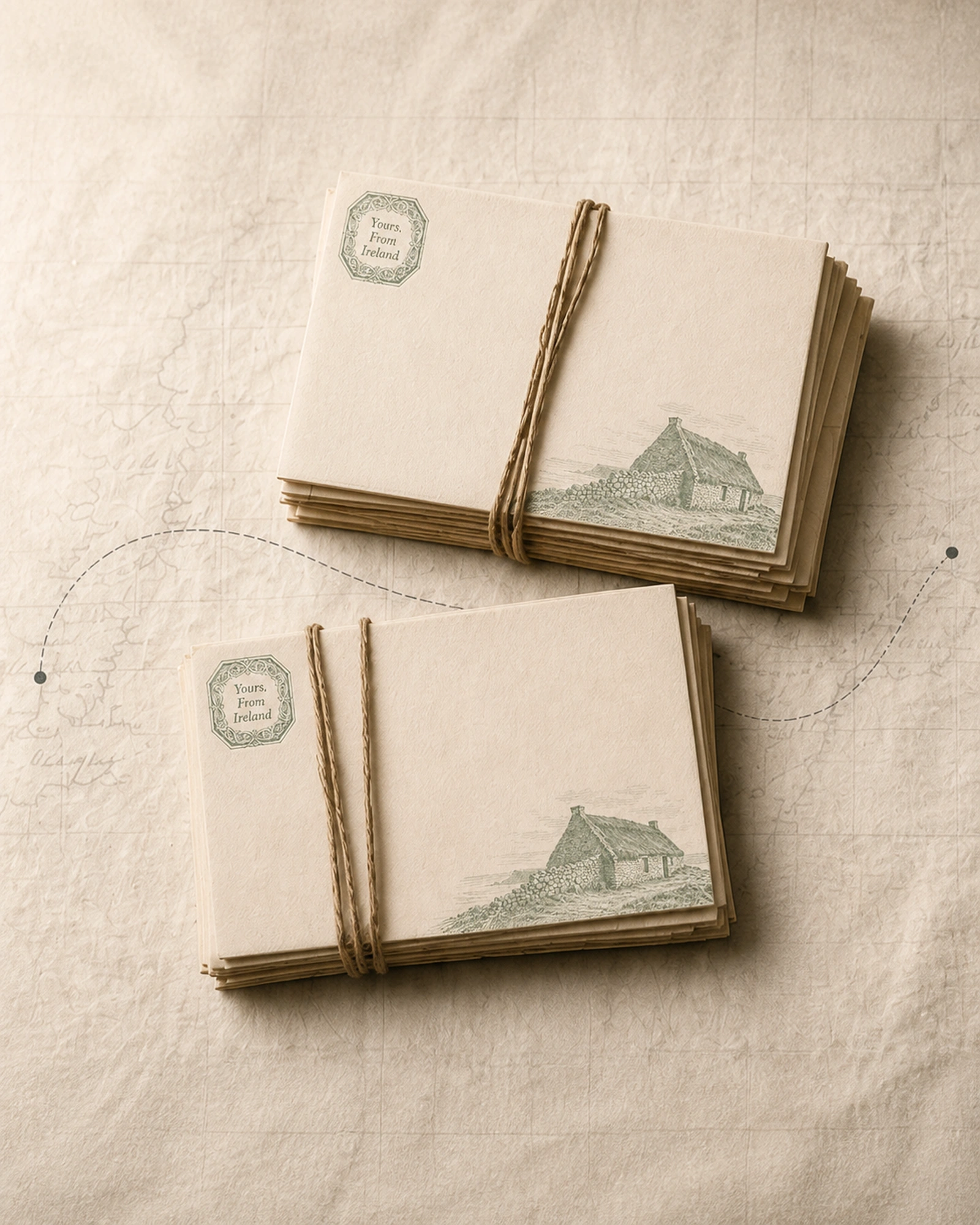 Two bundles of Yours, From Ireland correspondence resting on a pale map