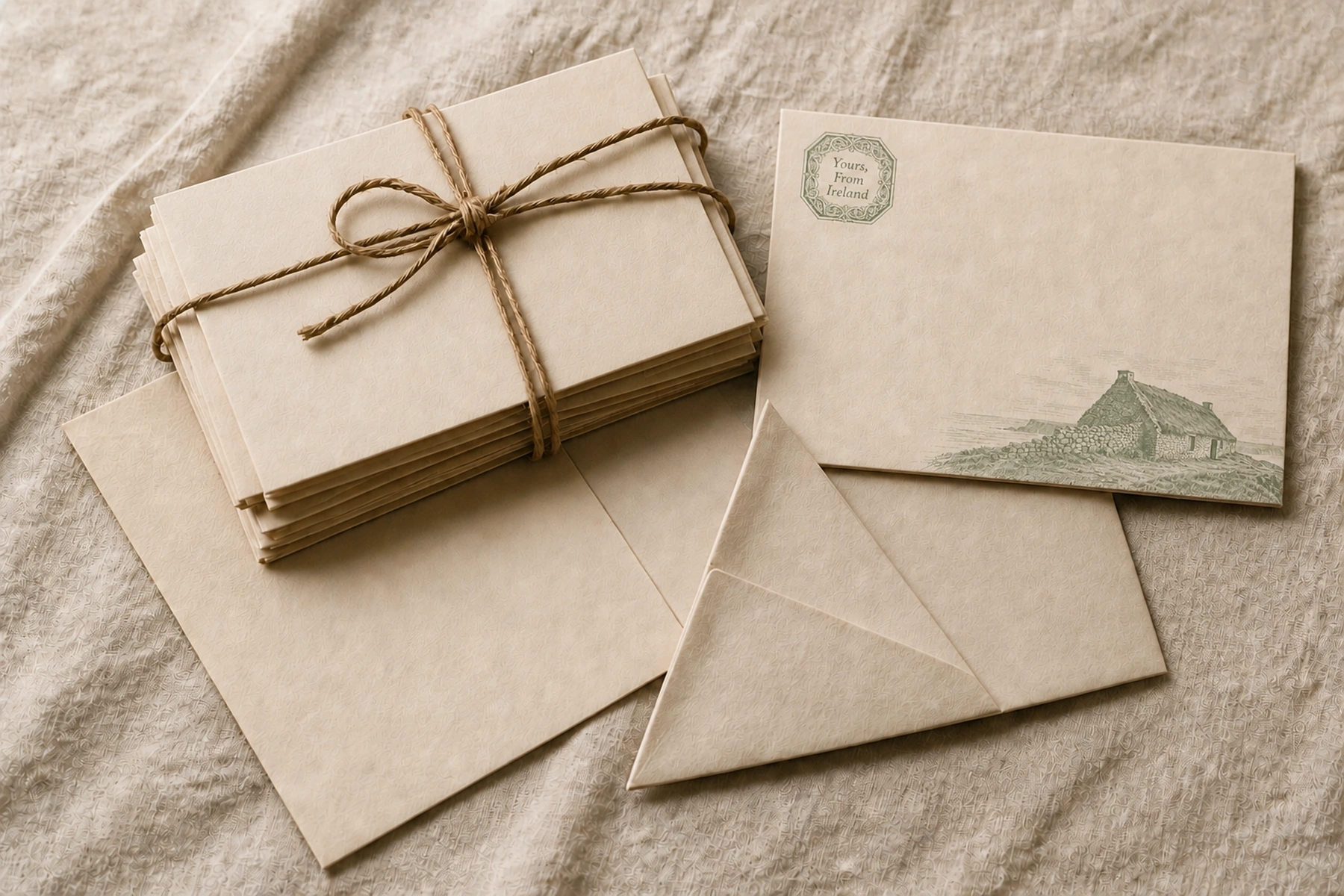 A set of printed letters, plain envelope backs and a Yours, From Ireland outer envelope on cream linen