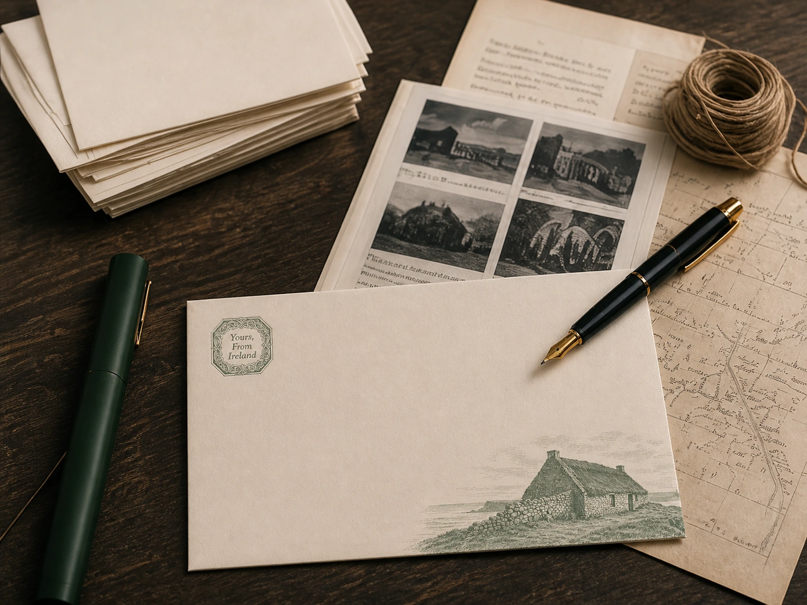 A research desk with letters, archival photographs, maps and a pen
