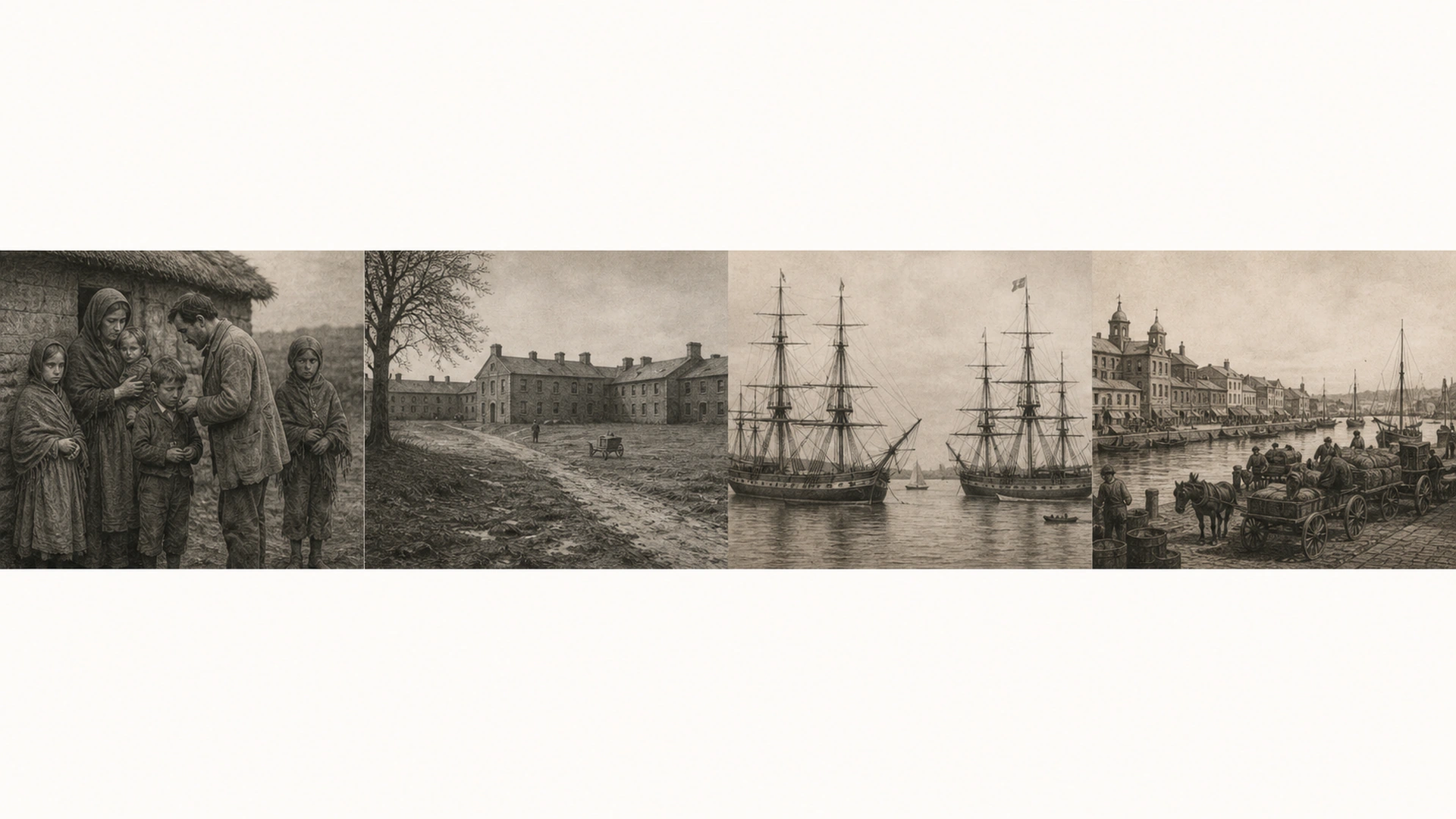 Historical scenes of Black '47, Ballina workhouse, Boston harbour and the Broad Street wharves