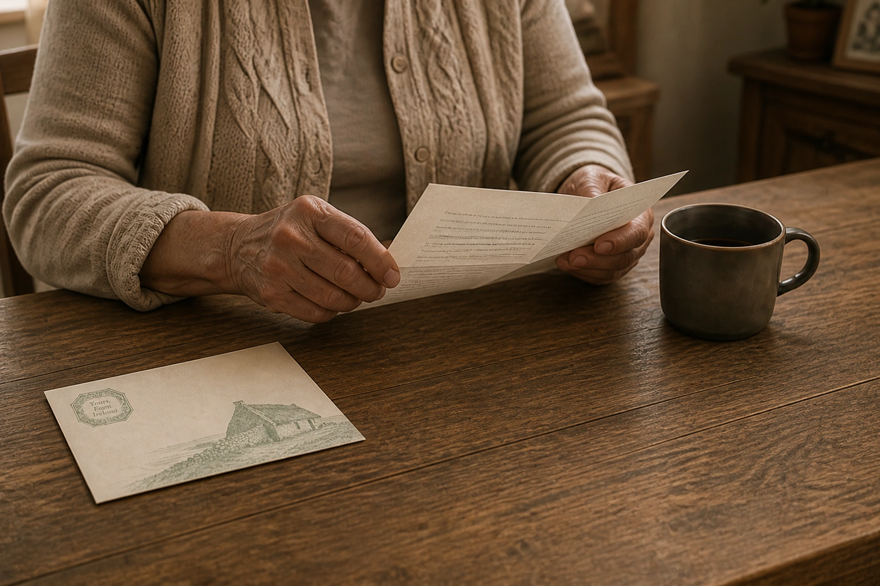 An older reader opening a letter at a wooden kitchen table