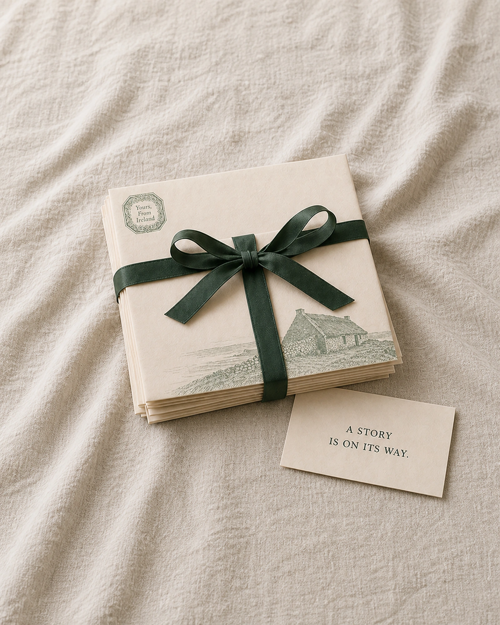 The complete correspondence tied with a dark green ribbon beside an ivory gift card