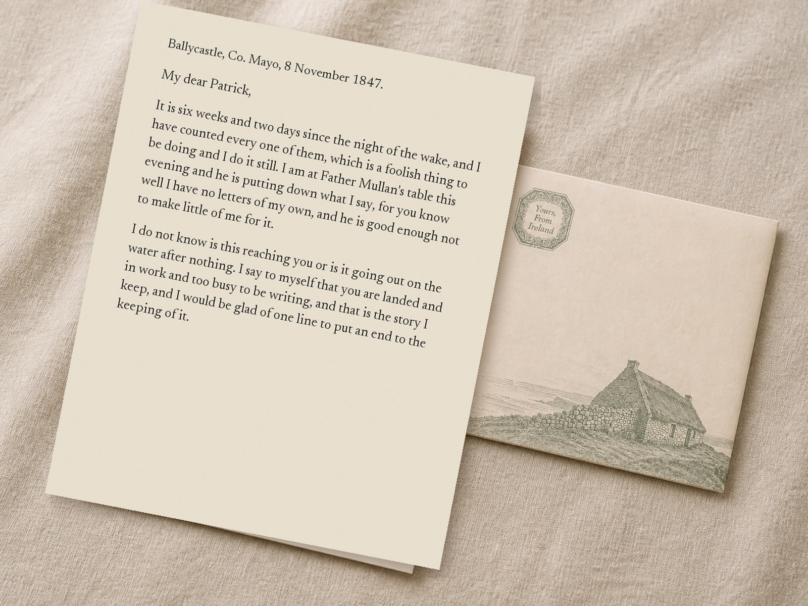Mary Cafferky's opening letter in large Newsreader type beside the product envelope
