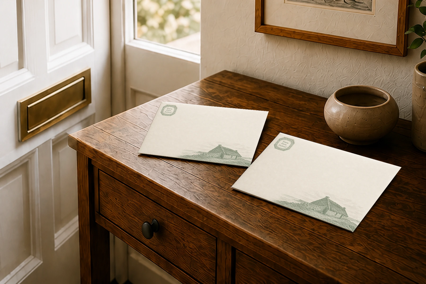 Two Yours, From Ireland letters on a hall table beneath the letterbox