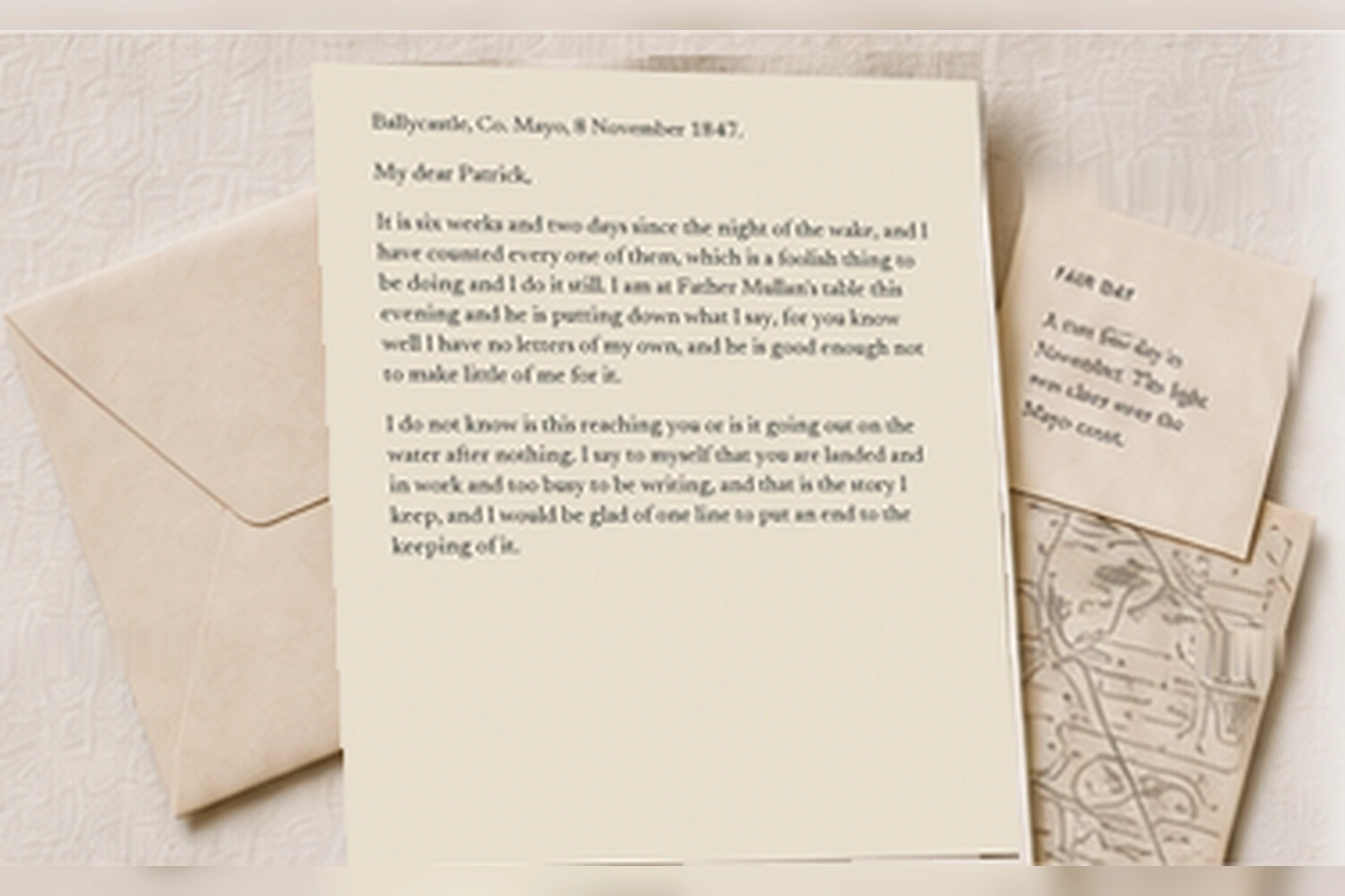 An exploded view of the letter, scene note, paper detail and plain envelope back