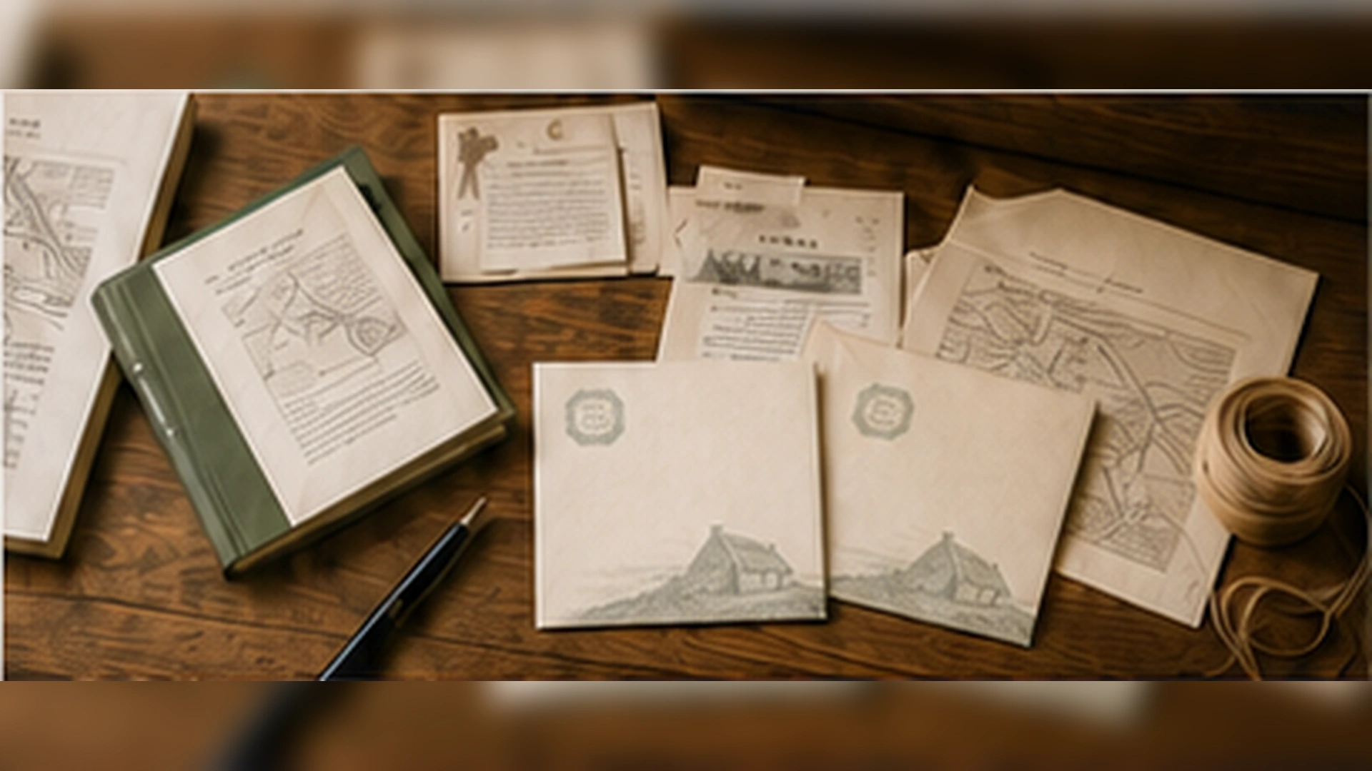 A desk of research books, maps, notes, twine and two product envelopes