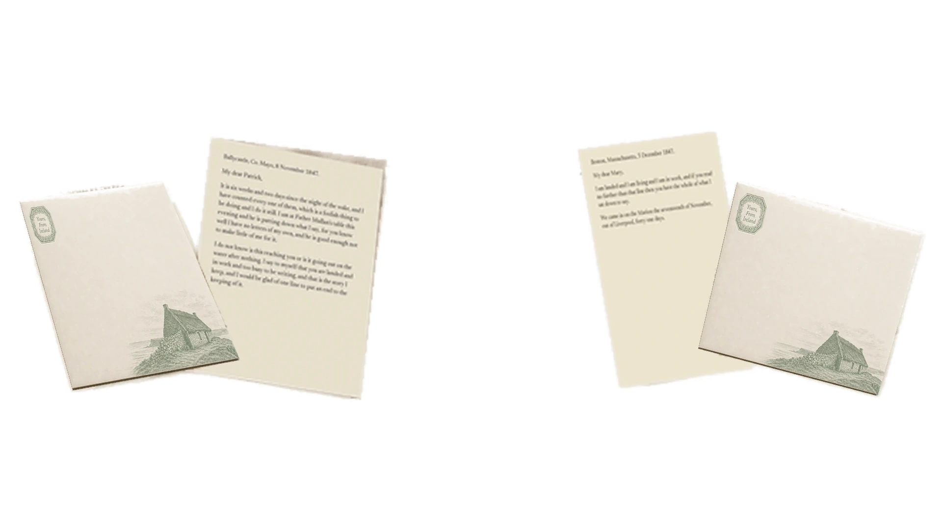Mary and Patrick's letters paired with separate Yours, From Ireland envelopes