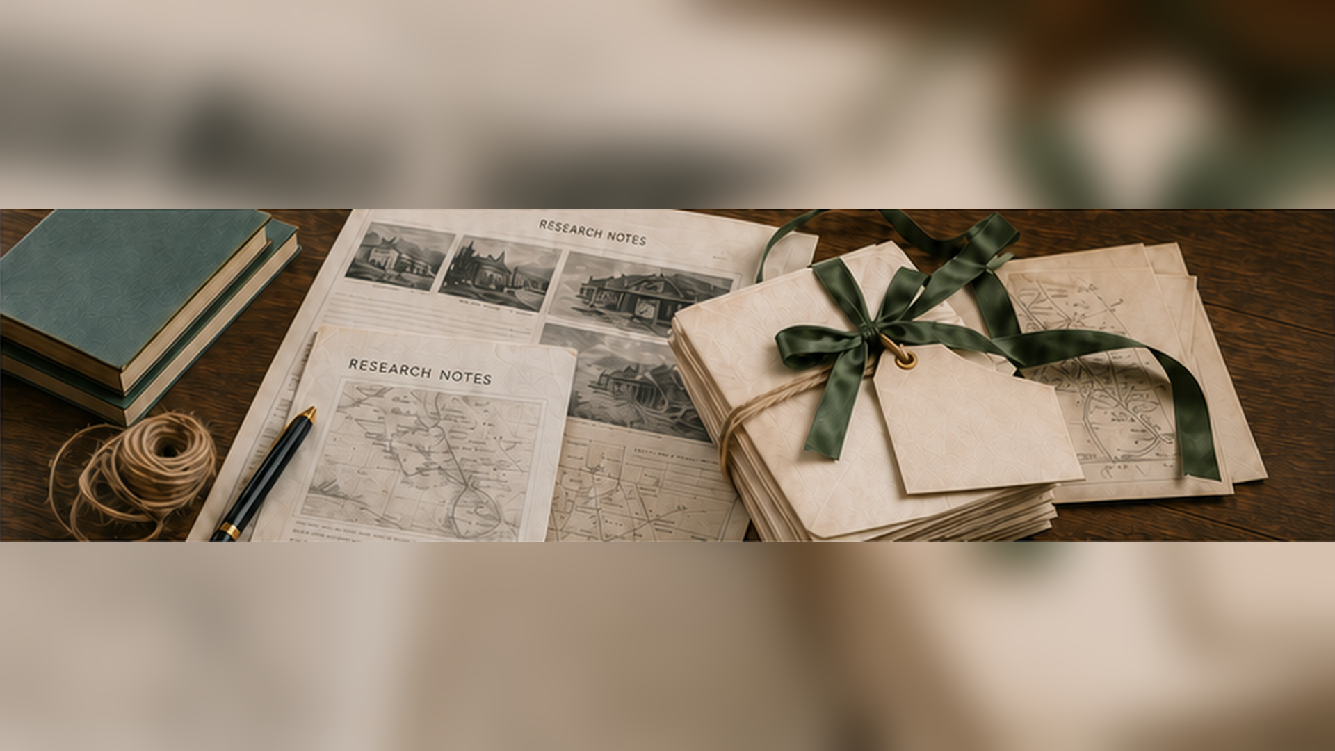 Clothbound books, research notes, maps, twine and a green-ribbon correspondence bundle