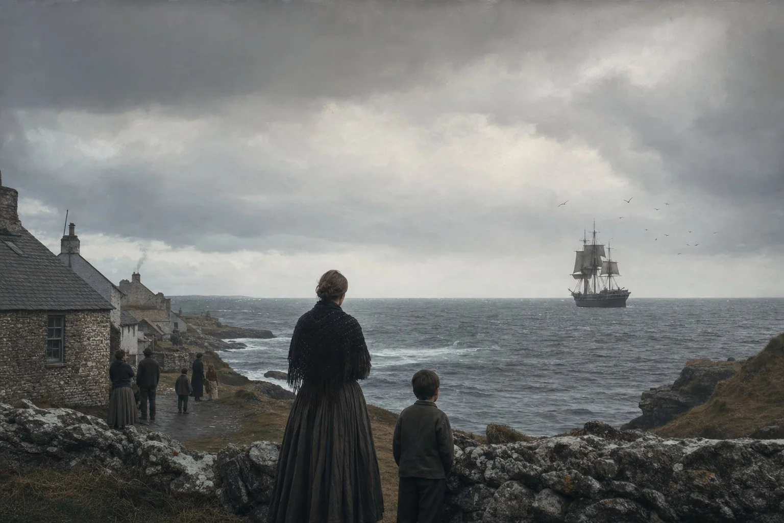 A woman and a boy watch from a stone wall above a Mayo village as a three masted ship stands off the bay under a heavy sky.