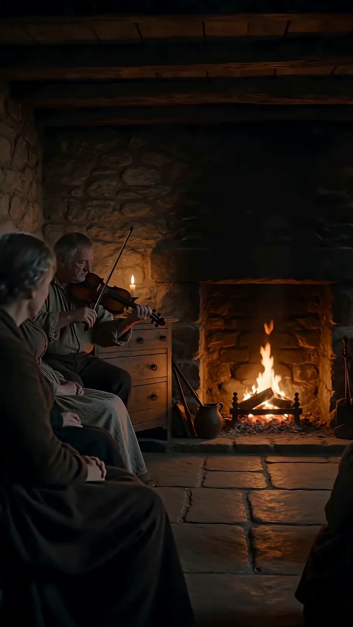 Neighbours sitting by candlelight around the fire in a stone kitchen on the night before a man sails.